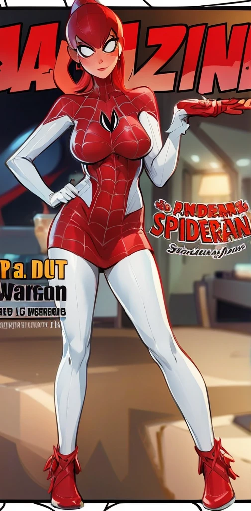 a woman in a red and white costume is posing, spiderwoman!!!!!, Spinneret (Mary Jane Watson) friendly expression, facing camera, slender build,
