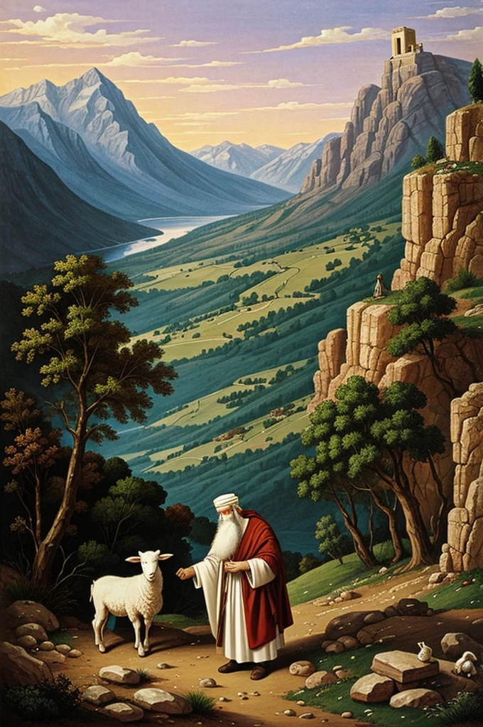 Generate a Cartoon of Abraham Isaac and the lamb on the mountain at the time of sacrifice 