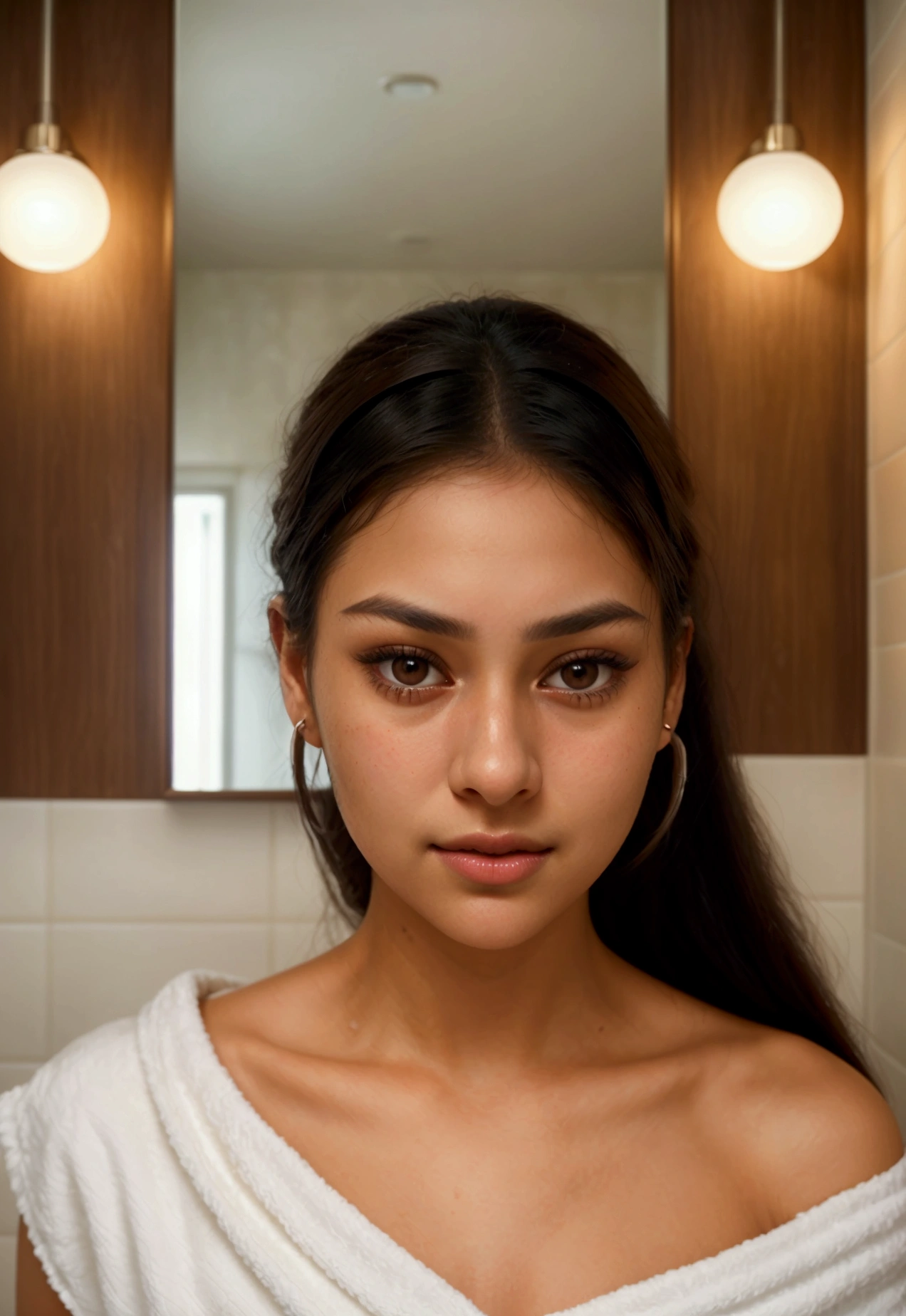 An ultra-realistic portrait of a young woman named Anita (anika) standing in a bathroom with her back to the camera, looking into a mirror. She is gently applying face cream with one hand while holding the cream tube in the other. Anita is wrapped in a white towel, and her long, dark hair is pulled back. Her reflection in the mirror shows her happy and relaxed expression. The bathroom features modern decor with wooden panels, white tiles, and a stylish light fixture. Soft, natural lighting highlights her facial features in the mirror and creates a calm, serene atmosphere.