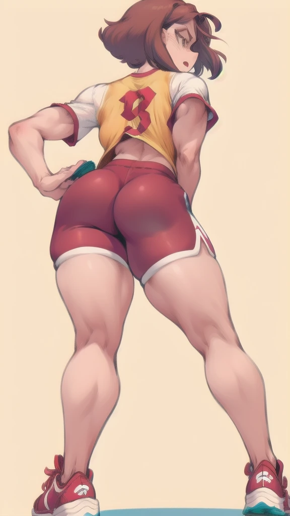 Full body image of Lynn Loud from The Loud House, full body in image, wearing her original outfit (red jersey, red shorts, red and white sneakers), short brown hair, female body, athletic and fit body, dynamic pose, detailed pose, simple background, expressive face showing determination, focus on face, line art, sketch