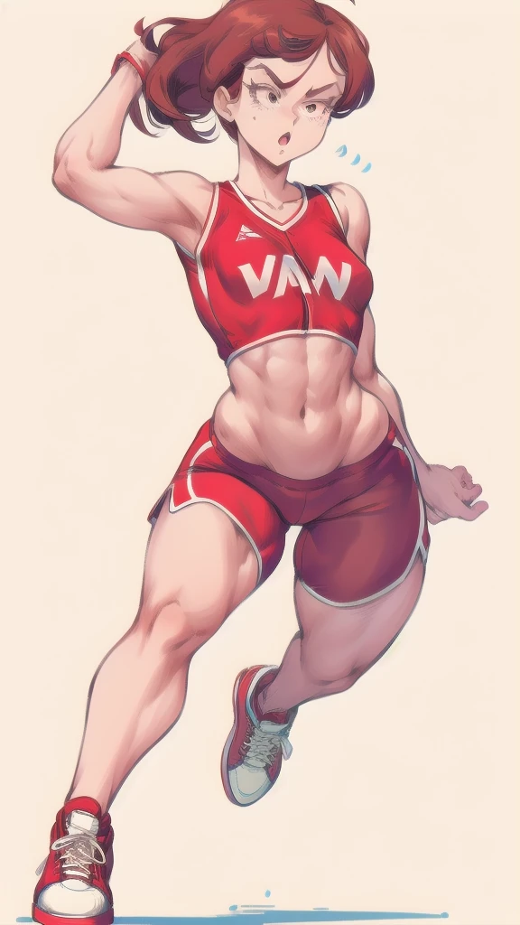 Full body image of Lynn Loud from The Loud House, full body in image, wearing her original outfit (red jersey, red shorts, red and white sneakers), short brown hair, female body, athletic and fit body, dynamic pose, detailed pose, simple background, expressive face showing determination, focus on face, line art, sketch