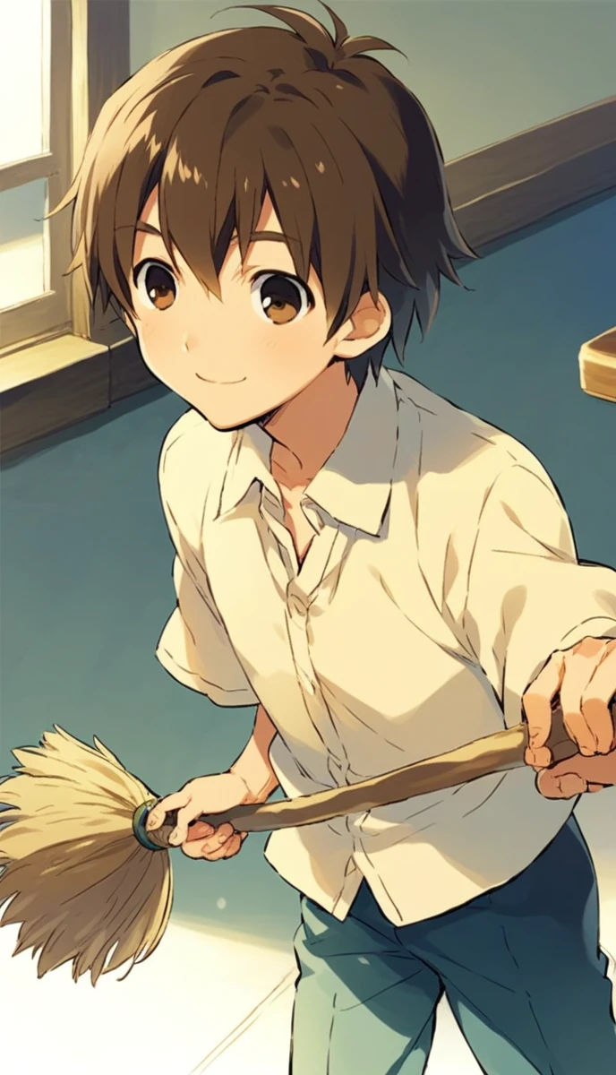 anime, 一人のboy, Handa Shinichi, Brown Hair, Brown eyes,  stop temporarily, smile, View your audience, Cartoon man with a broom, Man with a broom, 床をcleaningする, juvenile, doing hard work, Using a broom, High quality illustrations, , classroom、boy、cleaning、cleaning当番、housework、anime, 一人のboy, Handa Shinichi, Brown Hair, Brown eyes,stand、床をほうきでcleaningする、evening
