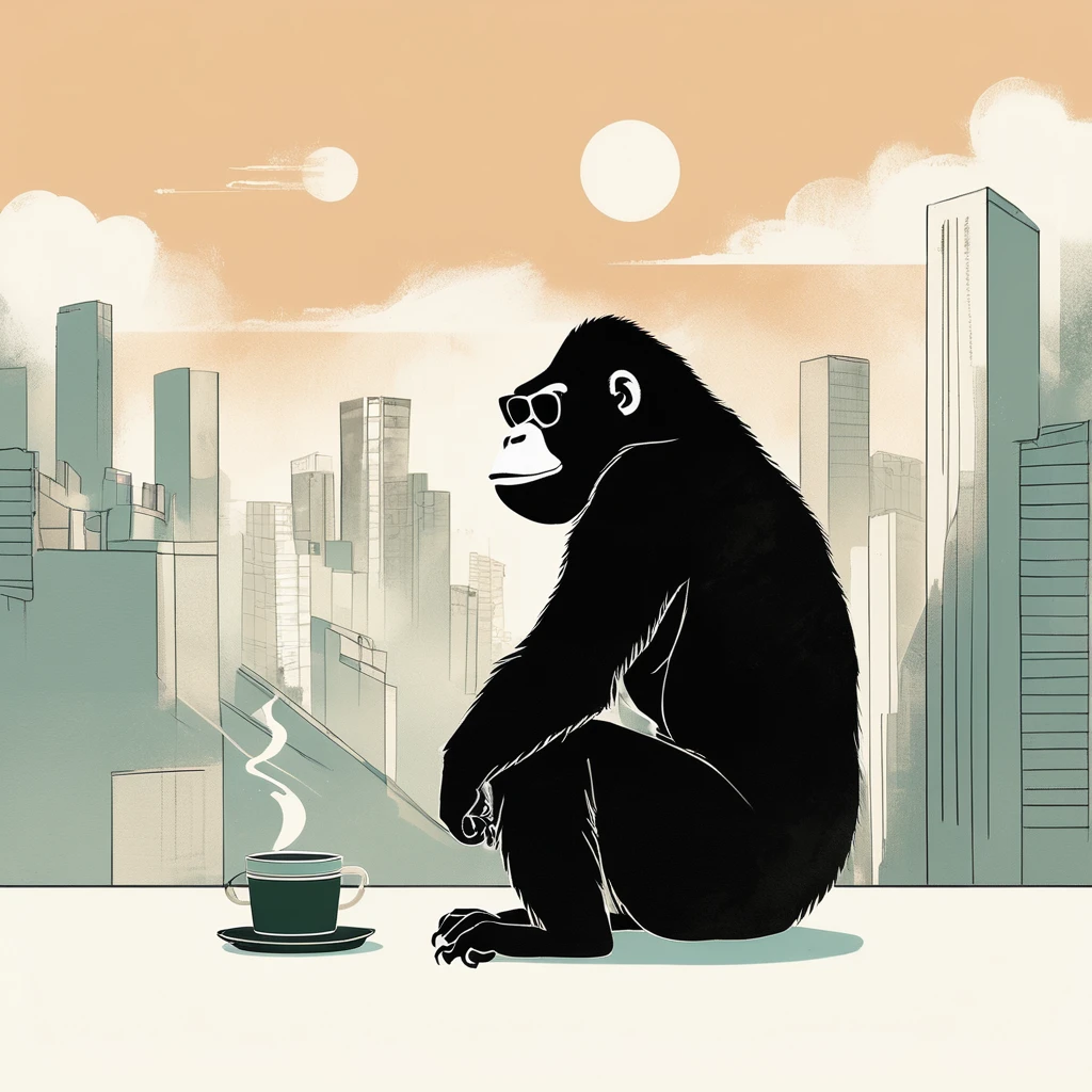 gorilla-like , sweet,very cute,art by Sophie Roach , art by Jon Klassen , art by Michael Cho , art by Sophie Roach、sunglasses,campimg,smoking,city