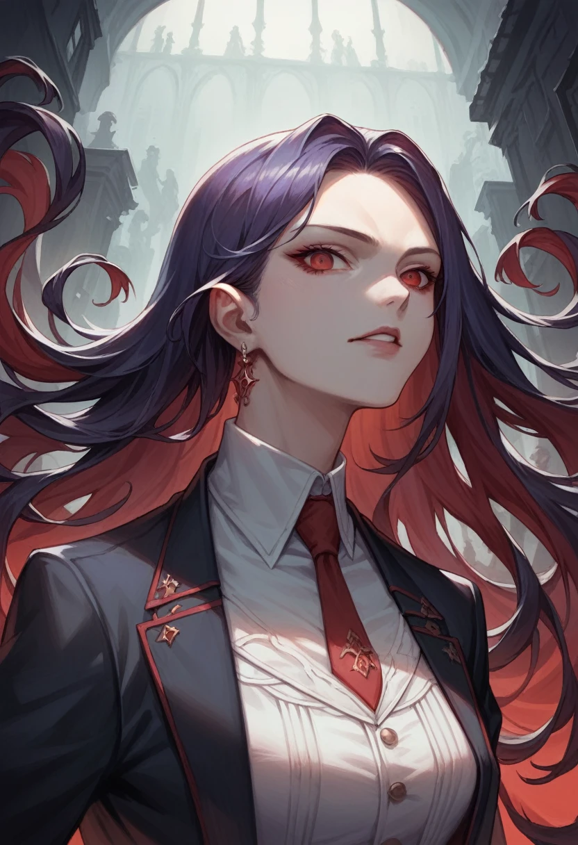 ((Best Quality)), ((Masterpiece)), (detailed) A woman, Purple long hair, an elegant black suit with a tie, blood red eyes, It is in a dark alley with many red threads around ((dark environment)), ((Low light)), ((anime style, ((animation studio)), (extreme closeup)