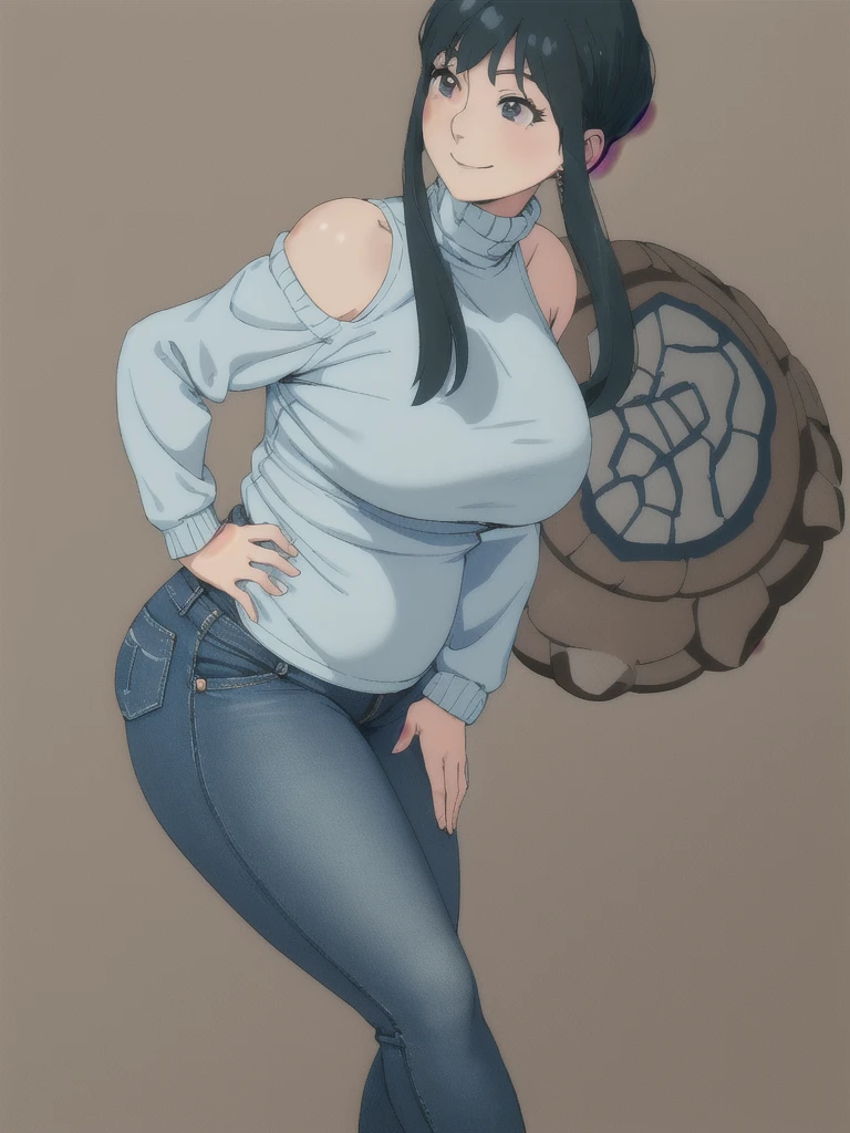 Yor briar, Hands on hips, Stand up straight, ((Full body)), (low head 1.5), A little chubby body type and small breasts, masterpiece, tight denim pants, chubby but small breasts, thick legs++, Full body+, Solo, Swollen face, 1 woman, wide shoulder, (white long sleeve tutleneck 1.5,) (tight turtle neck 1.5), light blue Denim pants, thick thighs, low rise light blue denim pants, solo, simple background, masterpiece, best quality, black hair, A chubby figure that seems real, smile, big head, High saturation