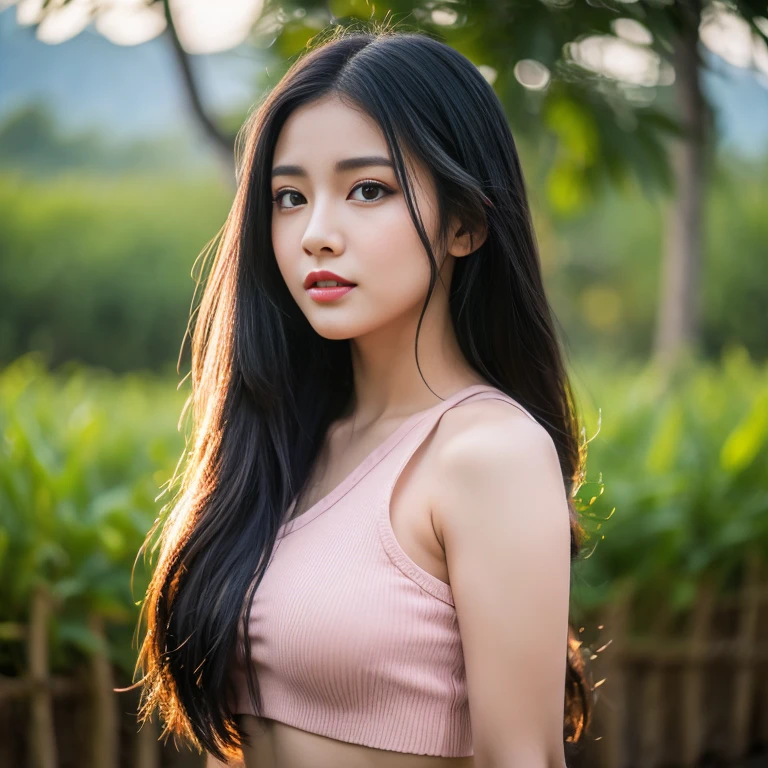 Southeast Asian long-haired woman with a round face, Double eyelids, big eyes, black eyes, Chest 38 inches, Thai anime,Age 25 30 years, realistic, Long-haired woman with a round face, Red cheeks, Pink cheeks, black eyes ตาสองชั้น, black eyes, Thai anime,  ponytail woman, flowing black hair, long flowing black hair, she has black hair, Her black hair was long and wavy., beautiful black hair, Extra dark natural black hair, The shirt is tight., Looks hot., ,black eyes,abdominal muscles, rounded chest, outdoor, The background is a rice field., There is an old thatched Thai-style hut in the background., The evening sun shines, beautiful female model, jaw-dropping beauty, Realistic, wide open aperture, professional lighting, Sony A7R4, 50 mm lens. 2 ; Warm light, (digital painting, HDR, high contrast, (digital painting, HDR, high contrast), 3d, 8K, 45,000,000 pixcls,