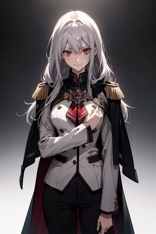 (Confused, High resolution, Very detailed), 1 female, Silver Hair,Long Hair,Bright red eyes,White and black military uniform,24th generation,beauty,mature,thin,quiet,Calm,A small smile,A kind smile,A shy smile,In front of the person I like,Long Cape,Slender and thin,boots,skinny pants,Observatory,Small breasts,