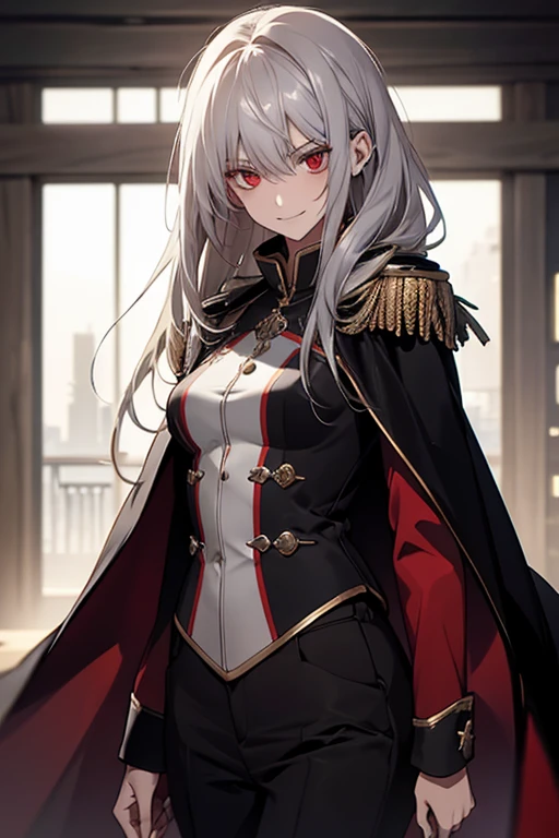 (Confused, High resolution, Very detailed), 1 female, Silver Hair,Long Hair,Bright red eyes,White and black military uniform,24th generation,beauty,mature,thin,quiet,Calm,A small smile,A kind smile,A shy smile,In front of the person I like,Long Cape,Slender and thin,boots,skinny pants,Observatory,Small breasts,