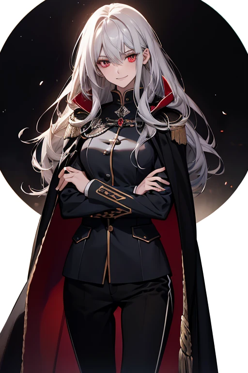 (Confused, High resolution, Very detailed), 1 female, Silver Hair,Long Hair,Bright red eyes,White and black military uniform,24th generation,beauty,mature,thin,quiet,Calm,A small smile,A kind smile,A shy smile,In front of the person I like,Long Cape,Slender and thin,boots,skinny pants,Observatory,Small breasts,