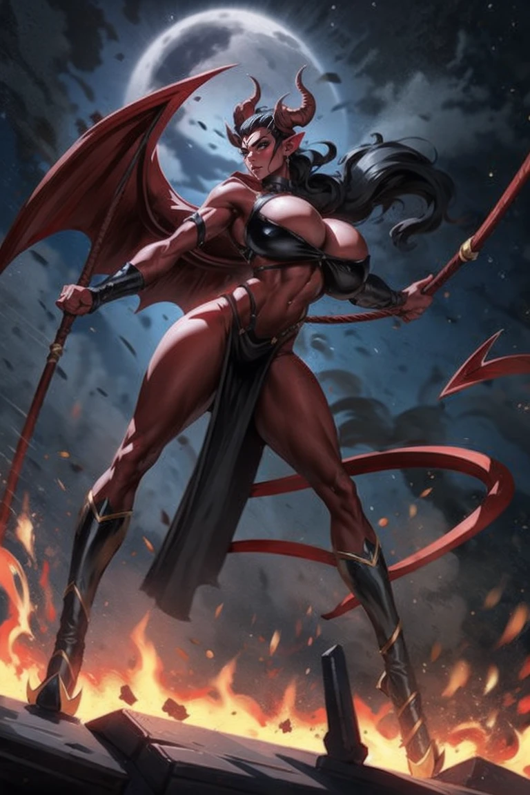 Red skin succubus tiefling, digitigrade legs, full breasts, medium breasts, black horns, wings, huge tail, black leather, crop top, long flowing pelvic curtain, tall, toned, graceful, thin, long black ponytail. Action scene, whip. Dark scene, explosions, night sky.