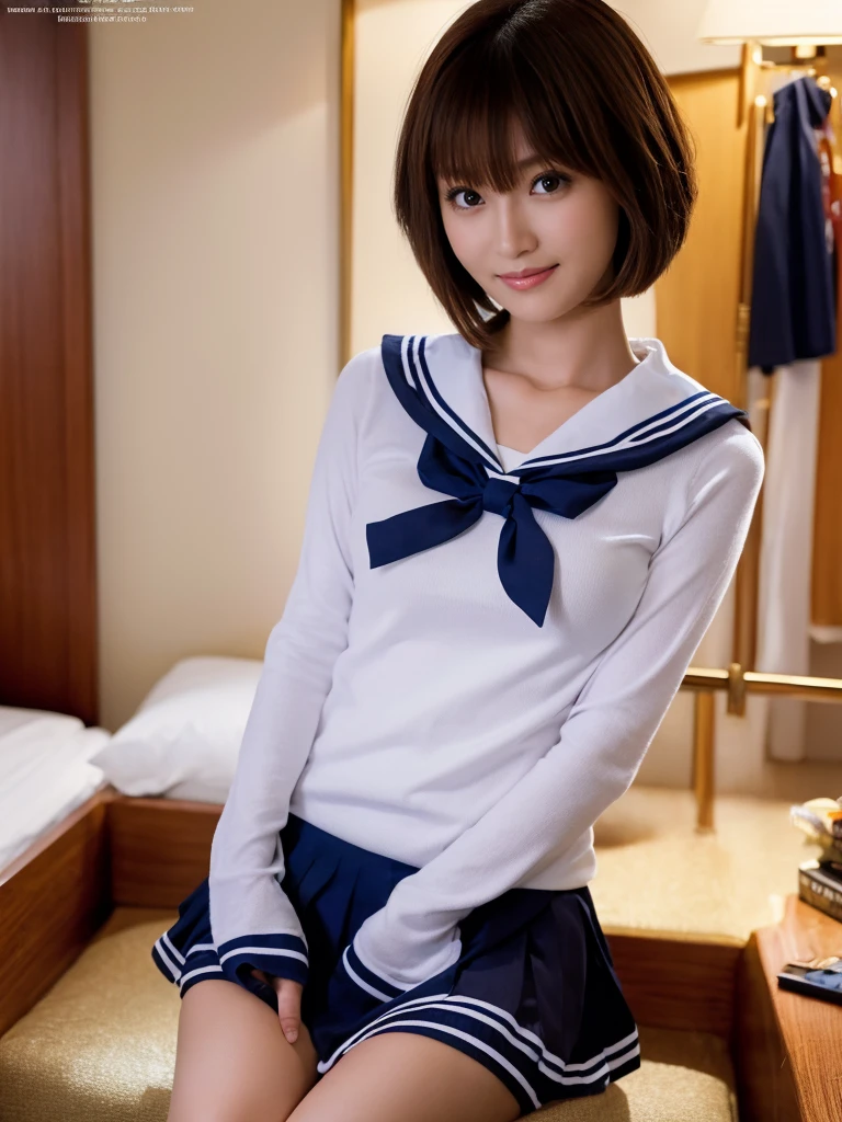 (Super reality:1.2), (digital art, digital illustration, 4k, 8k, Super detailed, beautiful images, clear image, (realistic), (RAW photo:1.3), perfect face, perfect lines, perfect eyes, Accurate body shape, dark lighting) , 1 Japanese cute girl after school, solo, school uniform, (sailor suit, serafuku:1.3), (short cut hair style:1.3), Beautiful face, amateur girl, sexy gyaru:1.3, ((showing panties)), so japanese young Idol, full chest, slim body style, (Inside the hotel, American size bed room, Antique furniture), Precise arms, precise hands and fingers, Beautiful hands and fingers, small smile, Beautiful thighs, (cowgirl position, open legs, on bed), sexy pose, POV