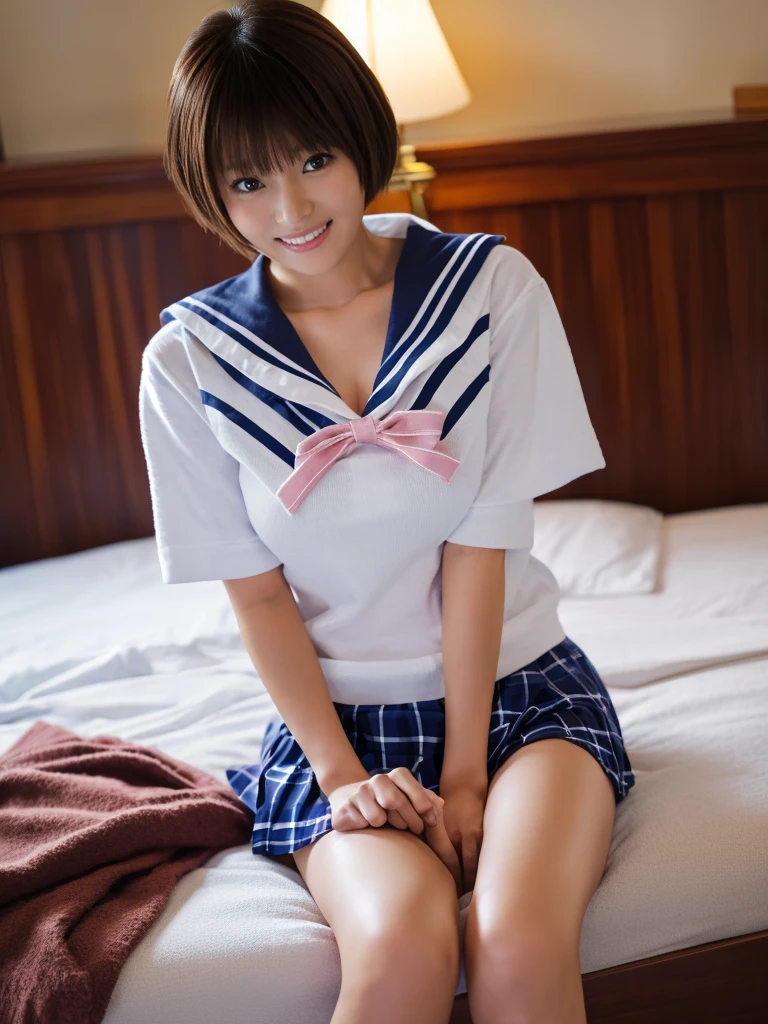 (Super reality:1.2), (digital art, digital illustration, 4k, 8k, Super detailed, beautiful images, clear image, (realistic), (RAW photo:1.3), perfect face, perfect lines, perfect eyes, Accurate body shape, dark lighting) , 1 Japanese cute girl after school, solo, school uniform, (sailor suit, serafuku:1.3), (short cut hair style:1.3), Beautiful face, amateur girl, sexy gyaru:1.3, ((showing panties)), so japanese young Idol, full chest, slim body style, (Inside the hotel, American size bed room, Antique furniture), Precise arms, precise hands and fingers, Beautiful hands and fingers, small smile, Beautiful thighs, (cowgirl position, open legs, on bed), sexy pose, POV