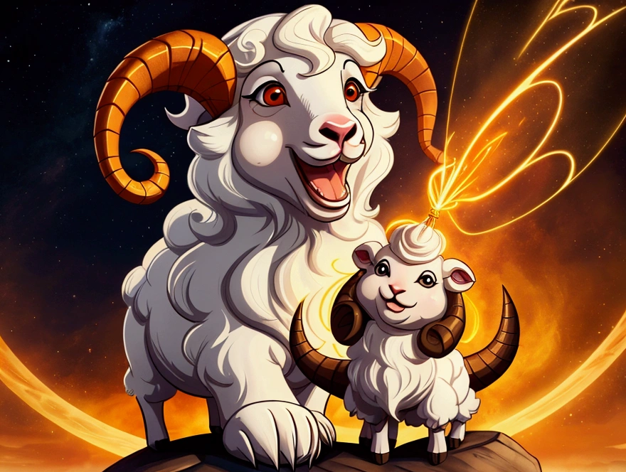 a cartoon wizard lamb is wizarding, laughing, he is on the air, there is nothing and nobody in the scene except the lamb, the background is fully orange.