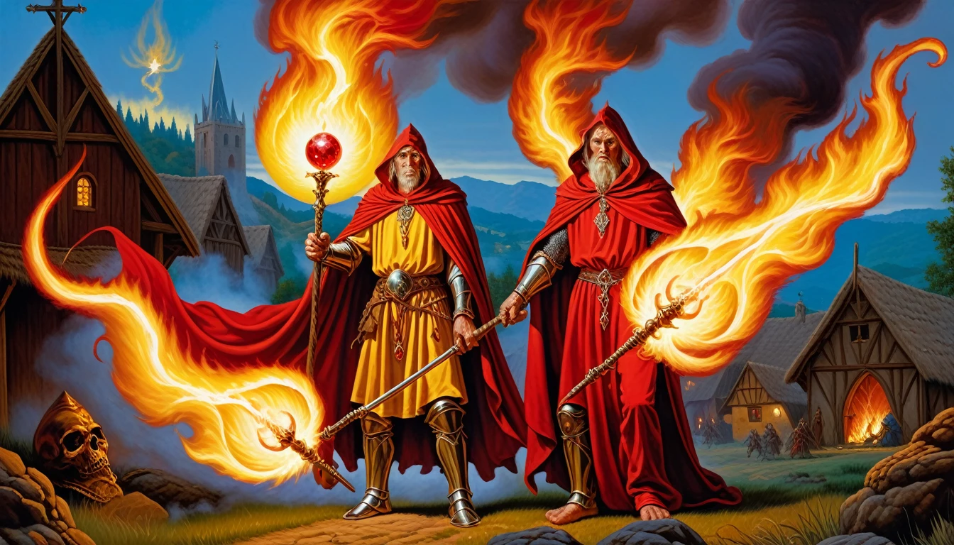 Highly detailed, UHD, 32k, medieval fantasy, heavy metal magazine cover, larry elmore style, oil on canvas painting, An evil cowled wizard clad in red and yellow, holding a magical fire staff with a red crystal, casting fire orbs at a village, with villagers in running amidst the fires