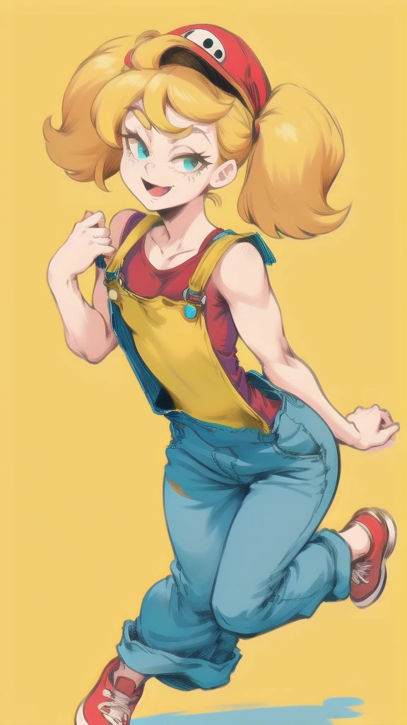 Full body image of Lana Loud from The Loud House, full body in image, wearing her original outfit (red cap, blue overalls, yellow shirt), blonde hair in pigtails, female body, small and energetic body, dynamic pose, detailed pose, simple background, expressive face showing a playful smile, focus on face, line art, sketch