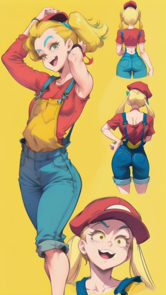 Full body image of Lana Loud from The Loud House, full body in image, wearing her original outfit (red cap, blue overalls, yellow shirt), blonde hair in pigtails, female body, small and energetic body, dynamic pose, detailed pose, simple background, expressive face showing a playful smile, focus on face, line art, sketch