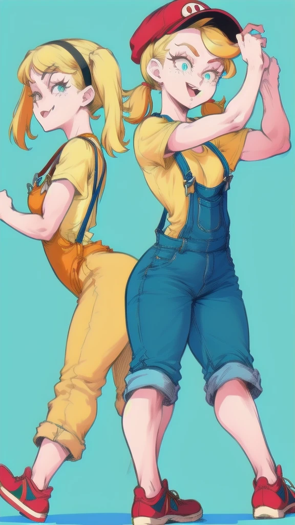 Full body image of Lana Loud from The Loud House, full body in image, wearing her original outfit (red cap, blue overalls, yellow shirt), blonde hair in pigtails, female body, small and energetic body, dynamic pose, detailed pose, simple background, expressive face showing a playful smile, focus on face, line art, sketch