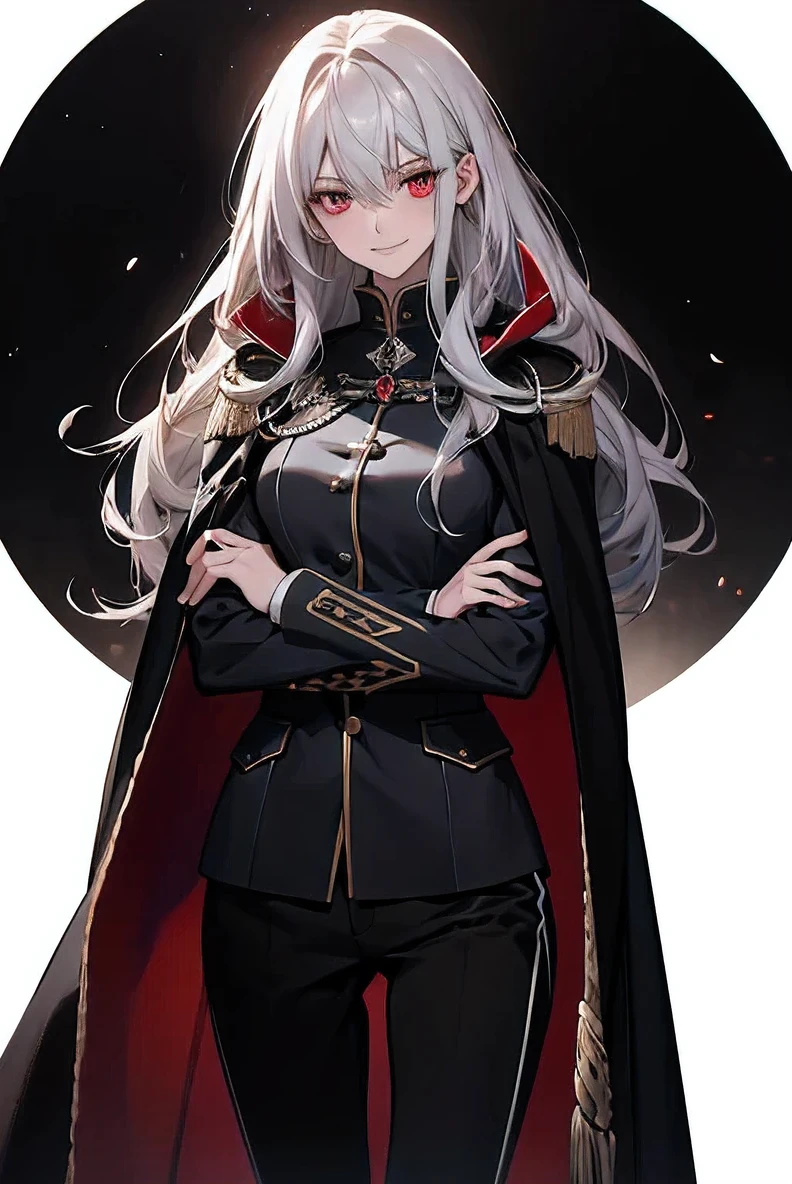 (Confused, High resolution, Very detailed), 1 female, Silver Hair,Long Hair,Bright red eyes,White and black military uniform,24th generation,beauty,mature,thin,quiet,Calm,A small smile,A kind smile,A shy smile,In front of the person I like,Long Cape,Slender and thin,boots,skinny pants,Observatory,Small breasts,