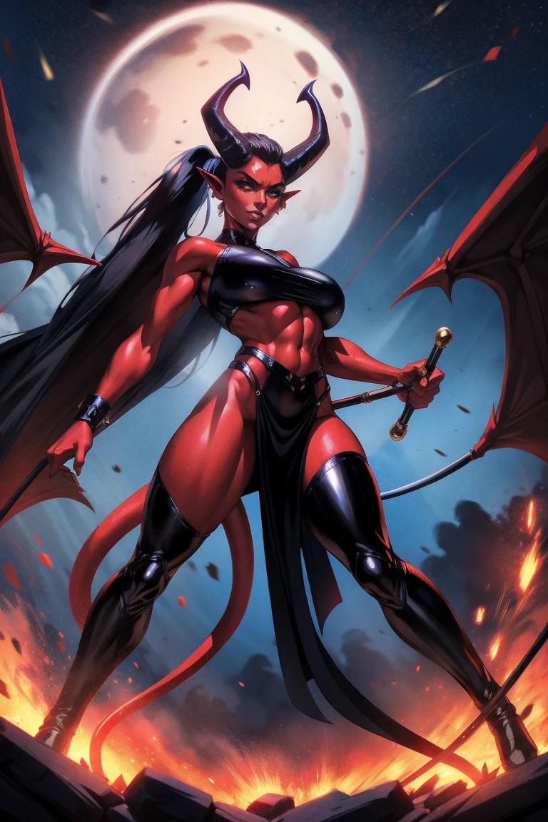 Red skin succubus tiefling, digitigrade legs, full breasts, medium breasts, black horns, wings, huge tail, black leather, crop top, long flowing pelvic curtain, tall, toned, graceful, thin, long black ponytail. Action scene, whip. Dark scene, explosions, night sky.