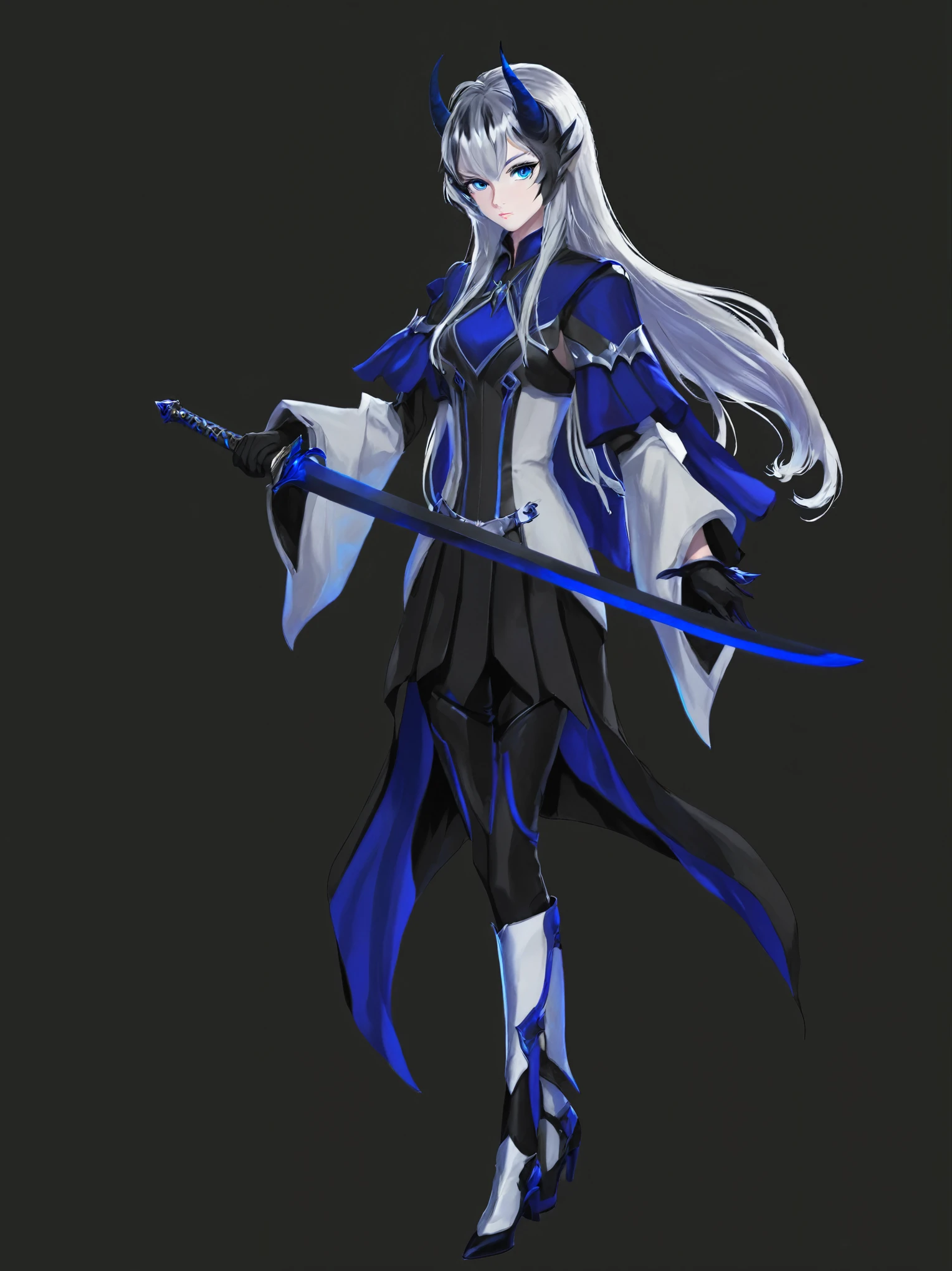 girl in black and white suit holding a sword, long white hair, blue eyes, black horns