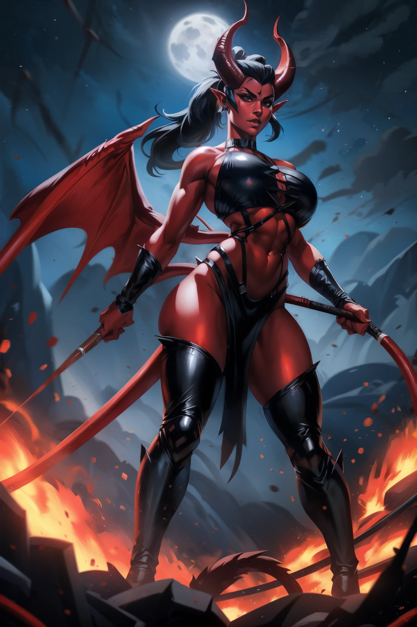 Red skin succubus tiefling, digitigrade legs, full breasts, medium breasts, black horns, wings, huge tail, black leather, undersized top, crop top, long flowing pelvic curtain, tall, toned, graceful, thin, long black ponytail. Action scene, whip. Dark scene, explosions, night sky.