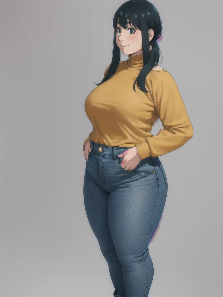 Chubby Yor briar, Hands on hips, Stand up straight, ((Full body)), (low head 1.5), A little chubby body type and small breasts, masterpiece, tight denim pants, chubby but small breasts, thick legs++, Full body+, Solo, Swollen face, 1 woman, wide shoulder, (white long sleeve tutleneck 1.5,) (tight turtle neck 1.5), light blue Denim pants, thick thighs, low rise light blue denim pants, solo, simple background, masterpiece, best quality, black hair, A chubby figure that seems real, smile, big head, High saturation