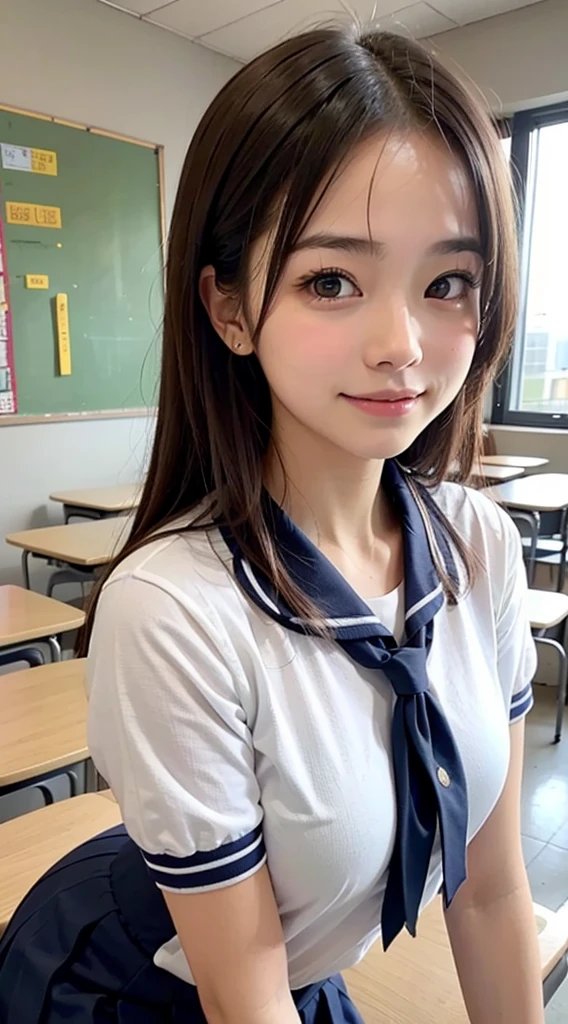 (masutepiece, Best Quality:1.2), 8K, 15yo student, 85 mm, Official art, Raw photo, absurderes, Pretty Face, close up, face focus, Upper body, violaceaess, gardeniass, Beautiful Girl, Cinch West, beauty thighs, soaking wet, sweat, cum on face, large breasts, student uniform, serafuku, sailor collar, white shirt, short sleeves, very short navy pleated skirt, large red ribbon, school classroom, Looking at Viewer, No makeup, (Smile:0.4), Film grain, chromatic abberation, Sharp Focus, face lights, clear lighting, Teen, Detailed face, Bokeh background