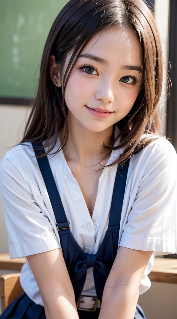 highest quality, masterpiece, Ultra-high resolution,8k, (Realistic:1.6), (Facing portraits) RAW Photos, 1 girl,(I'm showing my teeth and smiling)), 22 years old,((Miniskirt Uniform)),((short hair)),((Wear a bandana on your head)),((Looking up at the audience)),Face Focus:1.4,((Simple solid color background)), Image Media Chest)),((Smiling with teeth showing)),