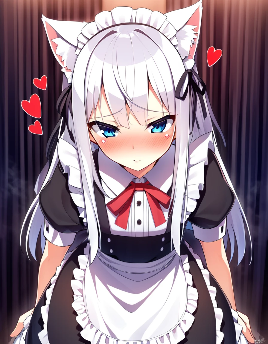 one girl, cat ears, white hair, naive, aphrodisiac, maid, light blue eyes, blush, erotic hypnosis, standing, face focus, shy, bow, heart eyes, 13 years old, girl love me