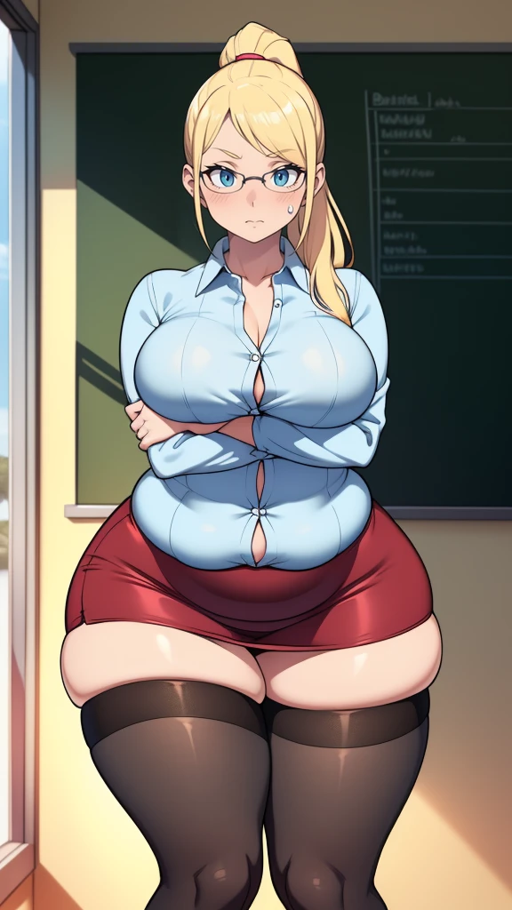 , ((highres)),Masterpiece, high quality, best quality, beautiful, perfect lighting, detailed face, ultra cute face, ((1girl)), ((solo), long blonde hair, ponytail, blue eyes, glasses, embarrassed look, masochist, aroused, ((blush)), looking at viewer, arms crossed, standing in a classroom, (classroom), daytime, dress shirt, pencil skirt, (tight clothes), ((chubby)), (thigh highs), (wide hips), ((thick thighs)), medium breasts, perky breasts, 24 year old female,