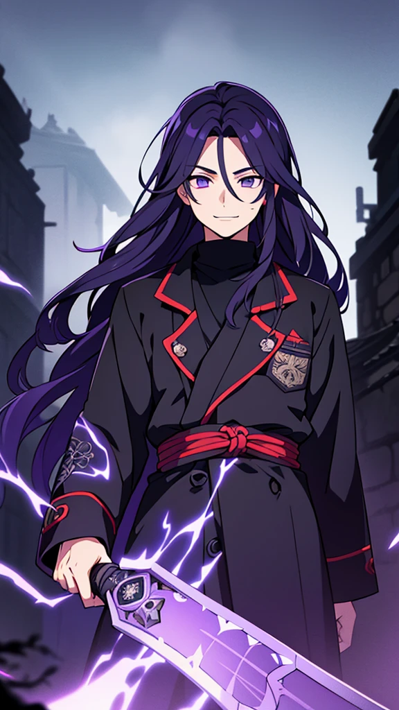 taisho period Japan man, dark aesthetic, darkwave aesthetic, grunge aesthetic, eerie moorlands behind him, dark aesthetics, eerie thriller aesthetic, dark and moody aesthetic, ominous, royal purple/dark blue hair, bright gray eyes, wolfcut, Kyojuro Rengoku, white turtleneck sweater, demon slayer, kimetsu no yaiba, confident expression, long hair, black open jacket, solo, reference art, 20-year-old male, black open trench coat, royal purple/dark blue long flowy hair, stubble, 30-year-old male, smile, white turtleneck
