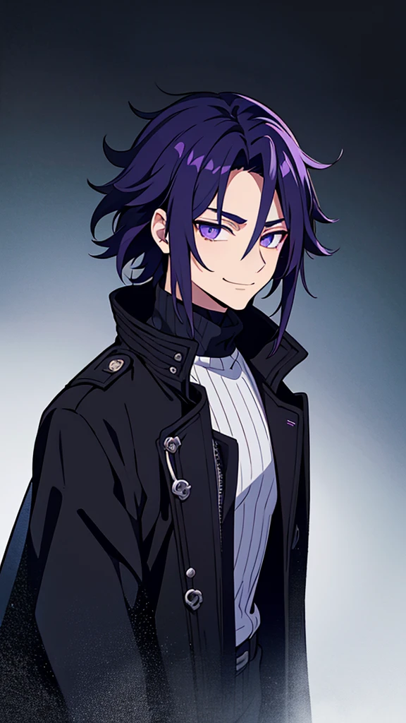 taisho period Japan man, dark aesthetic, darkwave aesthetic, grunge aesthetic, eerie moorlands behind him, dark aesthetics, eerie thriller aesthetic, dark and moody aesthetic, ominous, royal purple/dark blue hair, bright gray eyes, wolfcut, Kyojuro Rengoku, white turtleneck sweater, demon slayer, kimetsu no yaiba, confident expression, long hair, black open jacket, solo, reference art, 20-year-old male, black open trench coat, royal purple/dark blue long flowy hair, stubble, 30-year-old male, smile, white turtleneck