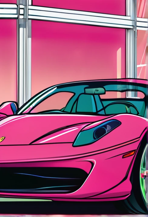 red-haired woman, white skin and green eyes, inside a pink ferrari