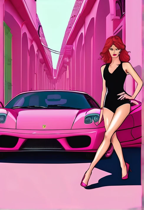 red-haired woman, white skin and green eyes, inside a pink ferrari