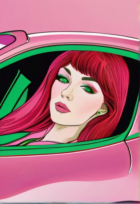 red-haired woman, white skin and green eyes, inside a pink ferrari