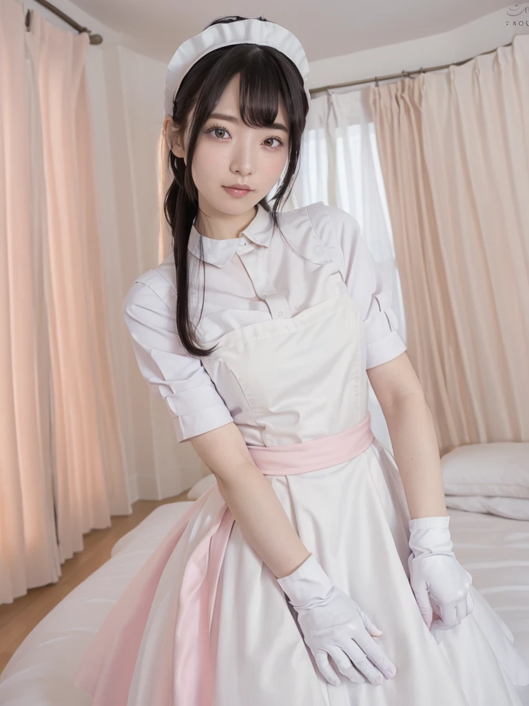 (Highest quality:1.9)、(High resolution)、Live-action image quality、((20-year-old woman、1 person))、Soft lighting by a professional photographer、Natural light、((Very spacious white luxurious room:1.6))、((Bright white room:1.6))、(Standing in front of a very luxurious white bed:1.2)、(White bookshelf background:1.1)、Natural soft light、((Black Hair Color:1.1))、Fair skin、Detailed Eyes、double eyelid、Slightly puffy cheeks、((Small Face:1.0))、(pastelpink&white maid_cosplay:1.5), (breasts, puffy short sleeves, puffy sleeves, short sleeves, maid headdress, chain, frills, cowboy shot, large breasts, pointy hair, gloves,gothic, gothic maid)、(Cute Smile)、((Girly pose 1.8))、((Long curly hair:1.1))、((Full Body Shot:1.2))、((Height: 165cm))、Hands in front、Hold hands between legs、