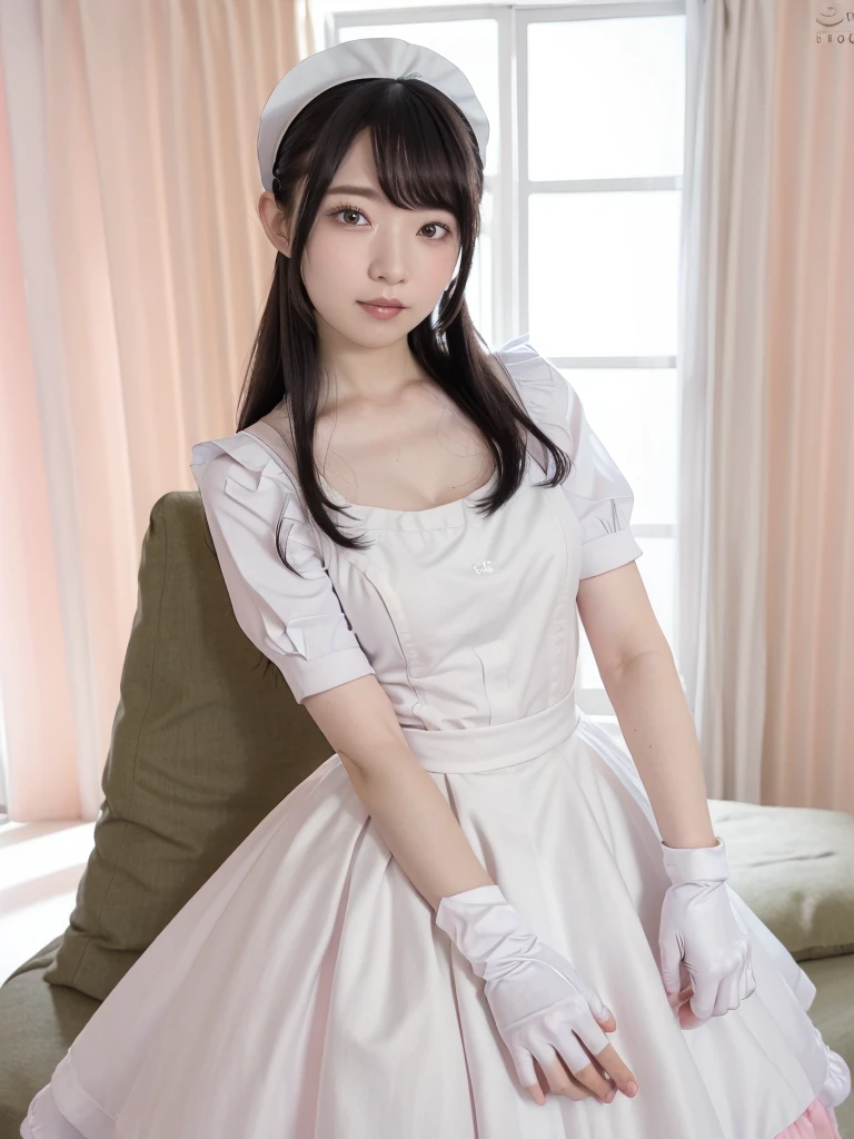 (Highest quality:1.9)、(High resolution)、Live-action image quality、((20-year-old woman、1 person))、Soft lighting by a professional photographer、Natural light、((Very spacious white luxurious room:1.6))、((Bright white room:1.6))、(Standing in front of a very luxurious white bed:1.2)、(White bookshelf background:1.1)、Natural soft light、((Black Hair Color:1.1))、Fair skin、Detailed Eyes、double eyelid、Slightly puffy cheeks、((Small Face:1.0))、(pastelpink&white maid_cosplay:1.5), (breasts, puffy short sleeves, puffy sleeves, short sleeves, maid headdress, chain, frills, cowboy shot, large breasts, pointy hair, gloves,gothic, gothic maid)、(Cute Smile)、((Girly pose 1.8))、((Long curly hair:1.1))、((Full Body Shot:1.2))、((Height: 165cm))、Hands in front、Hold hands between legs、