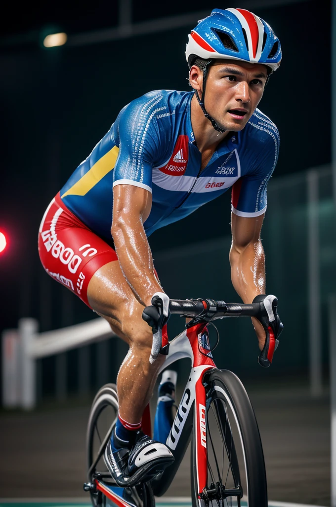 ((masterpiece, highest quality, Highest image quality, High resolution, photorealistic, Raw photo, 8K)), Olympic cyclist, wearing racing clothes and helmet, wet body, leaning forward, sweat splashing and glistening, spectator stands and lights in background,