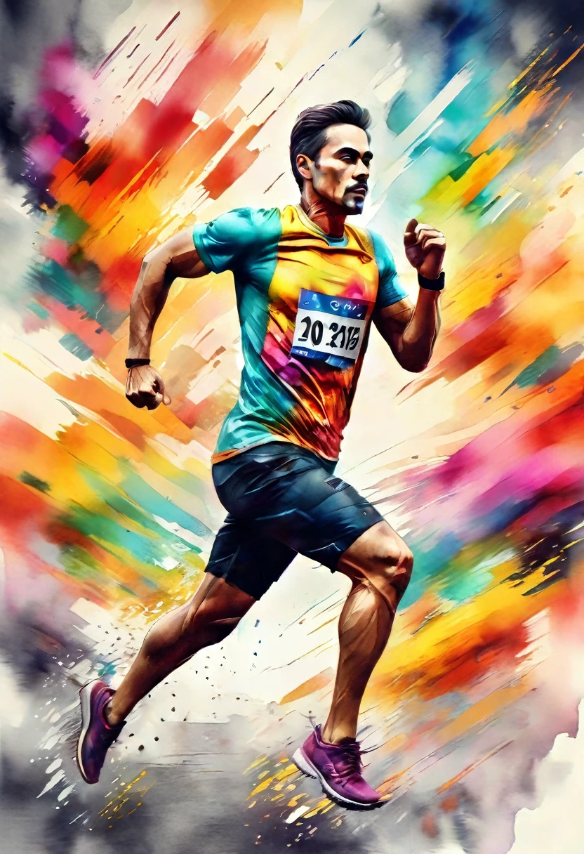 there is a man running with a colorful background, artistic illustration, sprinting, dynamic active running pose, artistic rendering, artistic depiction, painterly illustration, a beautiful artwork illustration, 5 k, 5k, art illustration, running pose, colorful illustration, watercolor illustration, watercolor digital painting, watercolor illustration style, running, artistic interpretation, digital watercolor