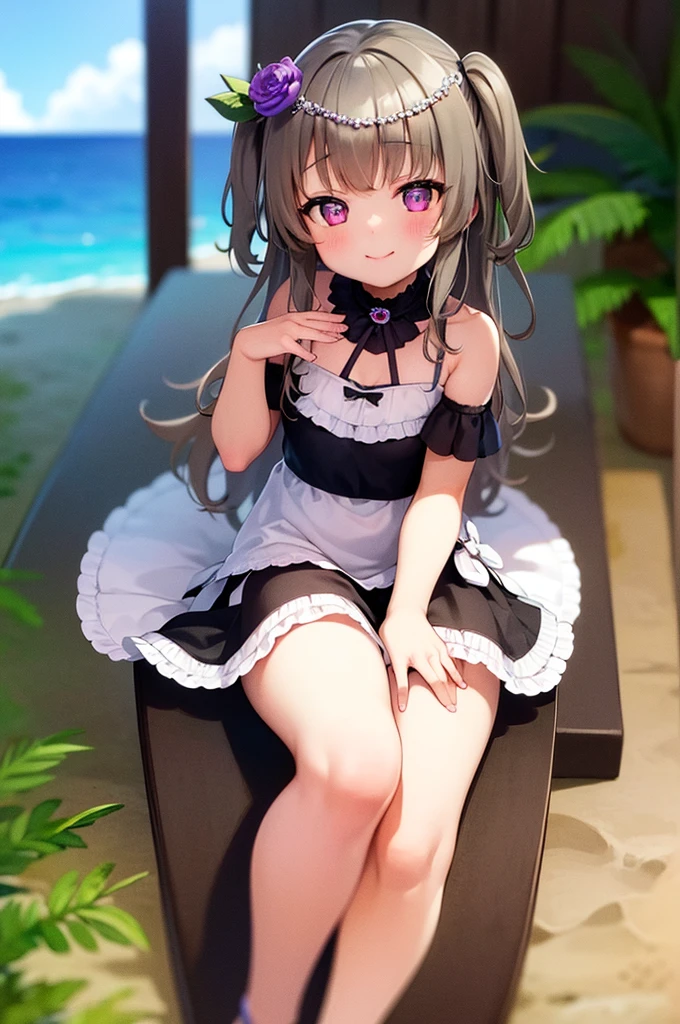 Himari Meimei, masterpiece, Voluptuous thighs, petit body, little young girl, flat chest, {1 Girl}, Cute and erotic smile, Highly detailed sparkling purple eyes, In summer beach, nudist beach, 困り眉, open legs, legs up, silver grey hair, lying on beach bed