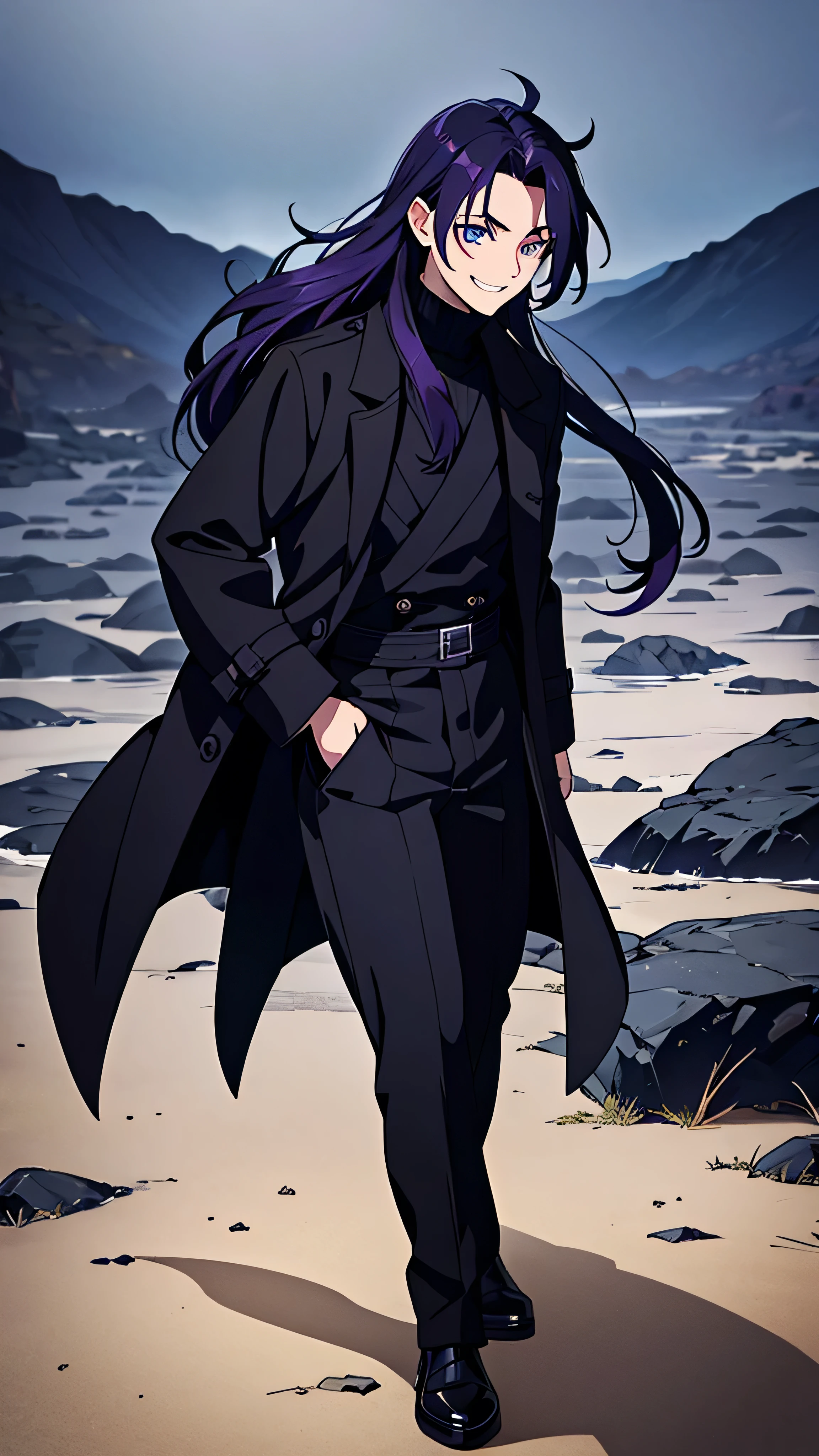 taisho period Japan man, dark aesthetic, darkwave aesthetic, grunge aesthetic, eerie moorlands behind him, dark aesthetics, eerie thriller aesthetic, dark and moody aesthetic, ominous, royal purple/dark blue hair, bright gray eyes, wolfcut, Kyojuro Rengoku, white turtleneck sweater, demon slayer, kimetsu no yaiba, confident expression, long hair, black open jacket, solo, reference art, 20-year-old male, black open trench coat, royal purple/dark blue long flowy hair, stubble, 30-year-old male, smile, white turtleneck