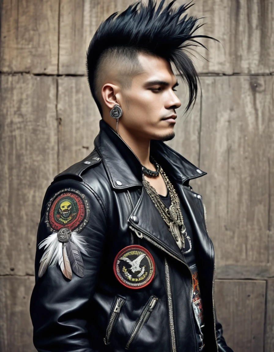 MAKE THE PROFILE OF A MALE MAN Metalhead Style Clothing, or rocker with indigenous and Colombian details in the clothes, leather jacket, black pants and military boots, patches and chain details, seeds and feathers hanging