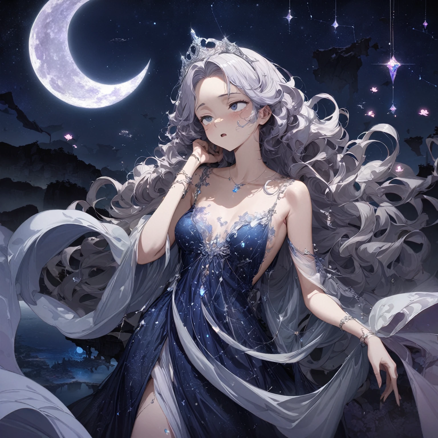 Woman, ethereal, otherworldly presence, sleepy, tired expression, half-closed, droopy eyes, slightly open mouth, silver, wavy hair, flowing gown, (nude:0.8), gossamer-like fabric, midnight blue, silver, lavender, constellation patterns, crescent moons, silver tiara, crescent-shaped charms, glowing gemstones, delicate silver bracelets, surreal, dreamlike landscape, large luminous moon, wisps of mist, floating islands, mythical creatures, glowing flora, small glowing orbs, faint silver threads, soft silvery light, dream manipulation, detailed gorgeous face| anime style| key visual| intricate detail| highly detailed| breathtaking| vibrant| panoramic| cinematic| Carne Griffiths| Conrad Roset| gibbli 8k