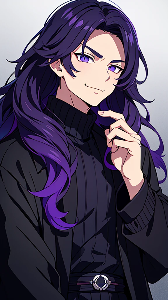 taisho period Japan man, dark aesthetic, darkwave aesthetic, grunge aesthetic, eerie moorlands behind him, dark aesthetics, eerie thriller aesthetic, dark and moody aesthetic, ominous, royal purple/dark blue hair, bright gray eyes, wolfcut, Kyojuro Rengoku, white turtleneck sweater, demon slayer, kimetsu no yaiba, confident expression, long hair, black open jacket, solo, reference art, 20-year-old male, black open trench coat, royal purple/dark blue long flowy hair, stubble, 30-year-old male, smile, white turtleneck, headshot, close-up on head