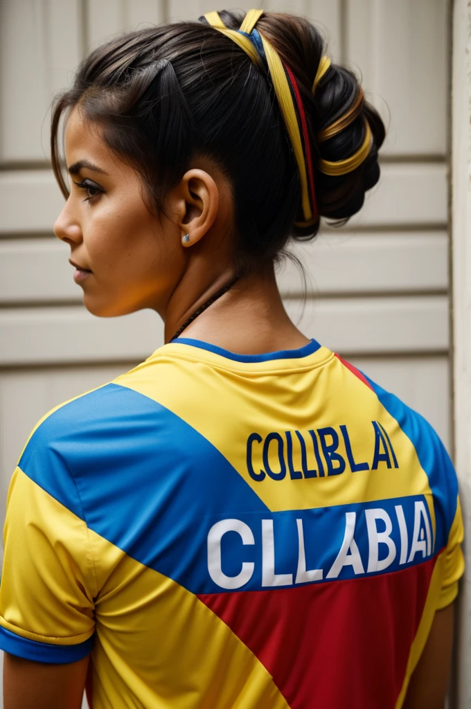 A woman with the Colombia shirt on her back with her hair up and with the name Sandra 