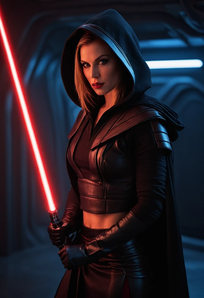 professional photograph of a 31 year old model, by Peter Hegre, photography studio,__perspective__, beautiful evil slavic muscular woman, pale skin, long hair, Sith Lord, cute face, red skin, fit body, holding one red light saber in her hand, wearing a black crop top with a hood:1.4, black skirt, darth talon:0.7, at the starship, cozy, Star Wars, j j abrams, photorealistic, sharp focus, depth of field, vogue magazine, fashion photo, cinematic lighting, rim light, cozy:1.2, neon