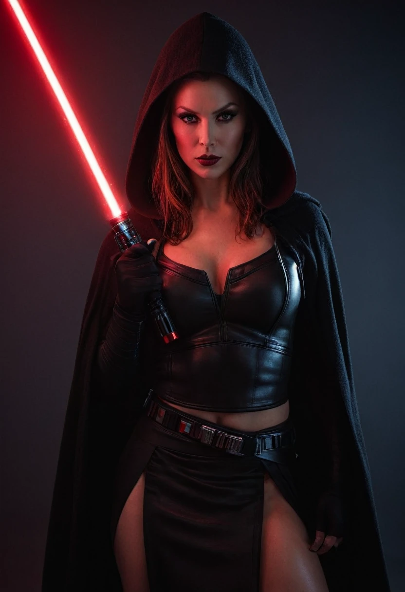 professional photograph of a 31 year old model, by Peter Hegre, photography studio,__perspective__, beautiful evil slavic muscular woman, pale skin, long hair, Sith Lord, cute face, red skin, fit body, holding one red light saber in her hand, wearing a black crop top with a hood:1.4, black skirt, darth talon:0.7, at the starship, cozy, Star Wars, j j abrams, photorealistic, sharp focus, depth of field, vogue magazine, fashion photo, cinematic lighting, rim light, cozy:1.2, neon