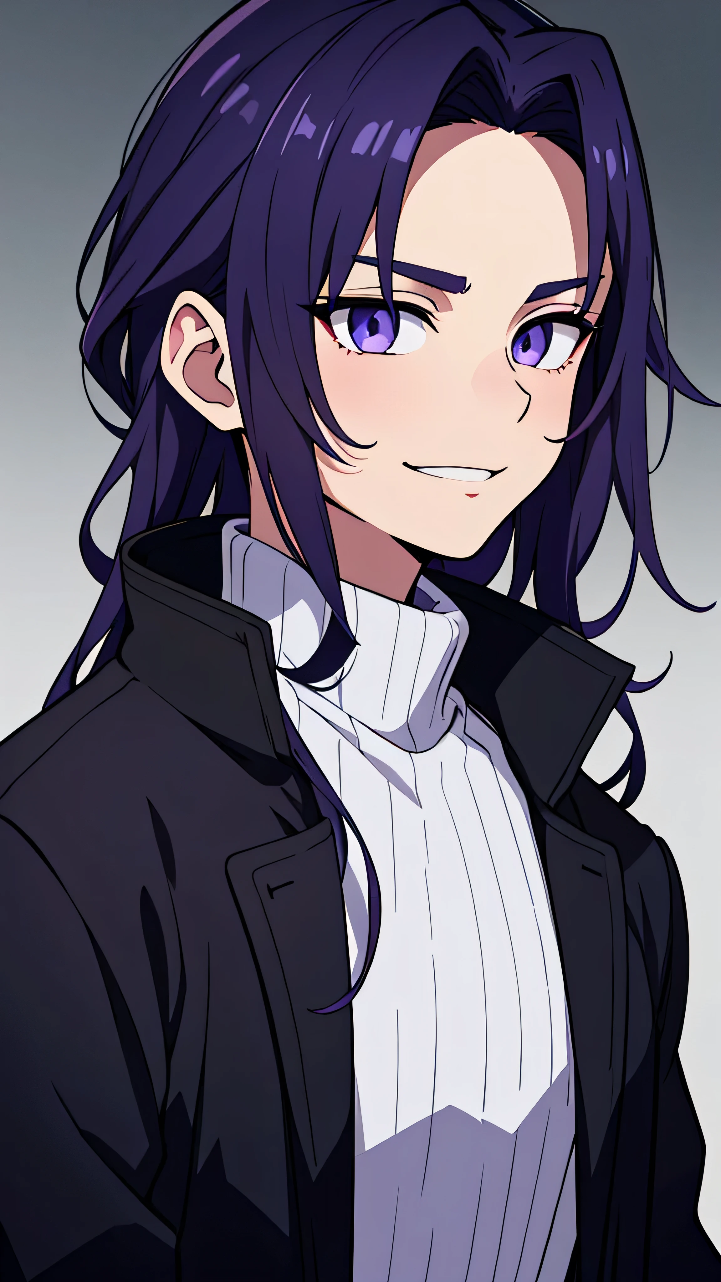 taisho period Japan man, dark aesthetic, darkwave aesthetic, grunge aesthetic, eerie moorlands behind him, dark aesthetics, eerie thriller aesthetic, dark and moody aesthetic, ominous, royal purple/dark blue hair, bright gray eyes, wolfcut, Kyojuro Rengoku, white turtleneck sweater, demon slayer, kimetsu no yaiba, confident expression, long hair, black open jacket, solo, reference art, 20-year-old male, black open trench coat, royal purple/dark blue long flowy hair, stubble, 30-year-old male, smile, white turtleneck, headshot, close-up on head