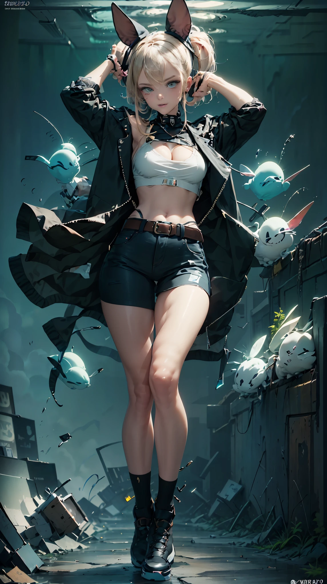 ((plano general, whole body:1.6)), purple: 1.5, Orange: 1.1, White: 1.3, yellow: 1.3, (rapper girl with scary hair), tattoos, (Power Balloon Clothing: 1.2), flower, leaves, born in the fog, Lines, background circles, action pose, 32k.