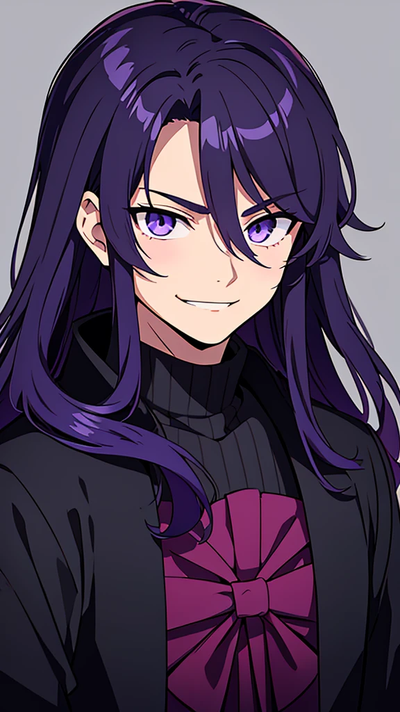 taisho period Japan man, dark aesthetic, darkwave aesthetic, grunge aesthetic, eerie moorlands behind him, dark aesthetics, eerie thriller aesthetic, dark and moody aesthetic, ominous, royal purple/dark blue hair, bright gray eyes, wolfcut, Kyojuro Rengoku, white turtleneck sweater, demon slayer, kimetsu no yaiba, confident expression, long hair, black open jacket, solo, reference art, 20-year-old male, black open trench coat, royal purple/dark blue long flowy hair, stubble, 30-year-old male, smile, black haori, headshot, close-up on head